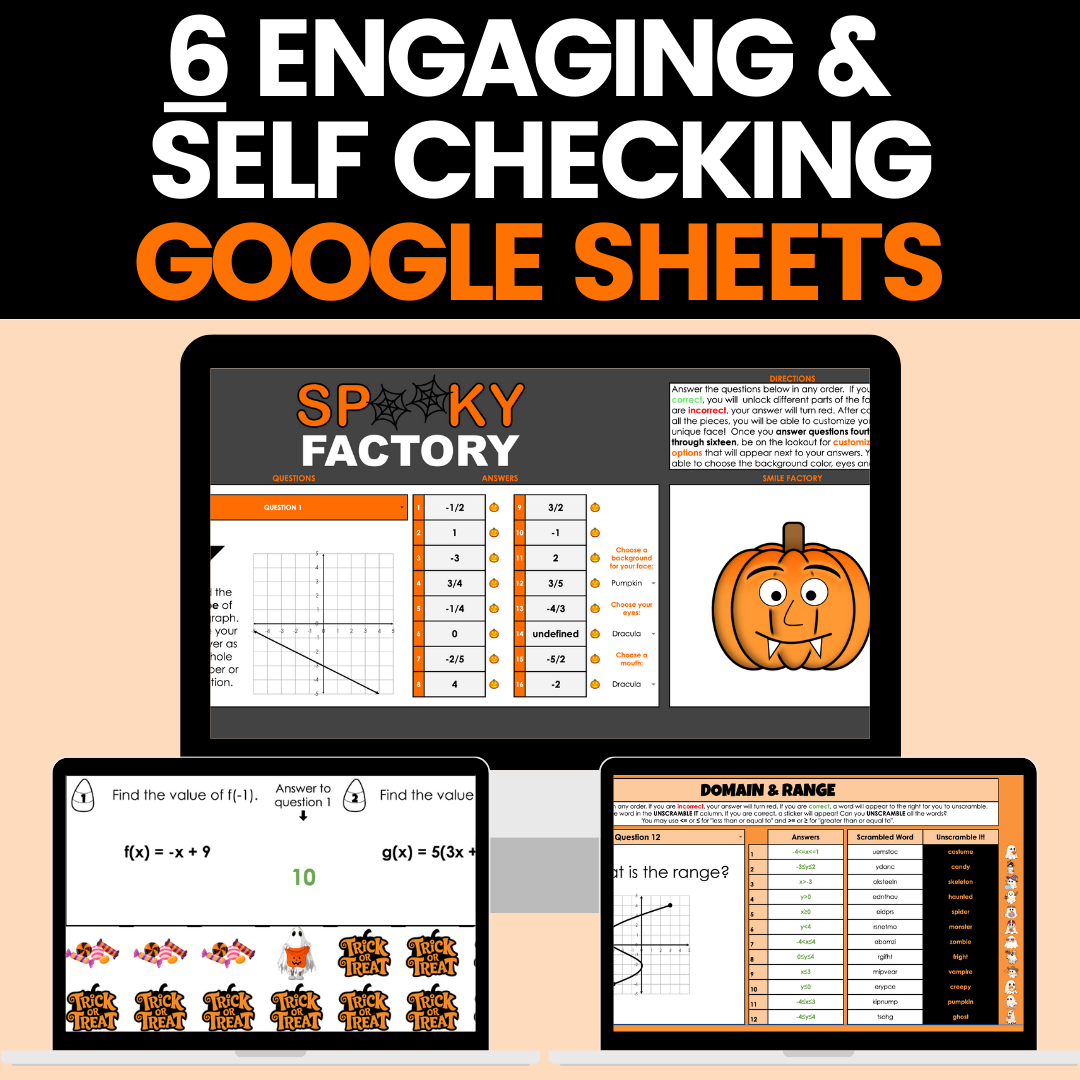 Halloween Math Activity Google Sheets and Worksheets BUNDLE Algebra 1