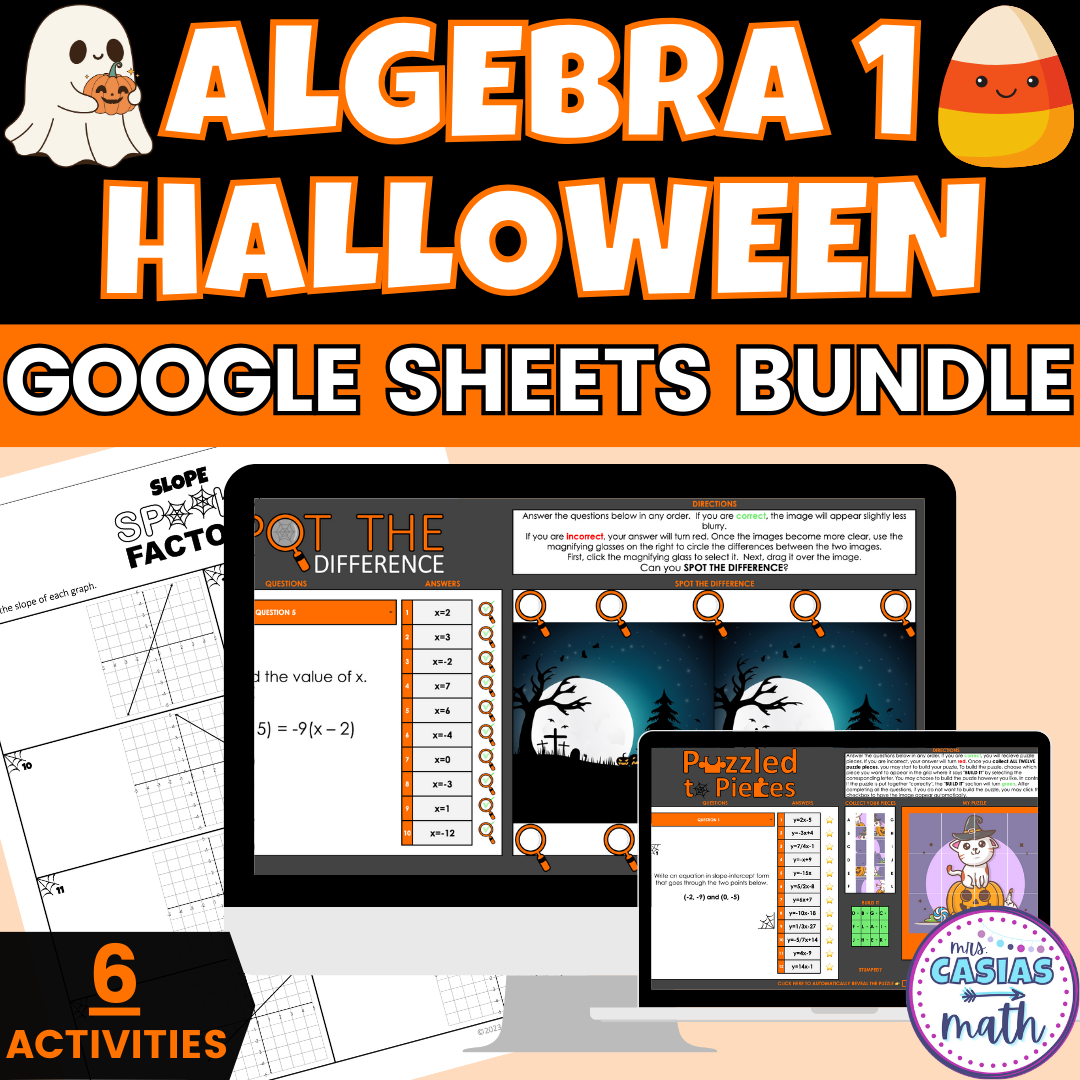 Halloween Math Activity Google Sheets and Worksheets BUNDLE Algebra 1