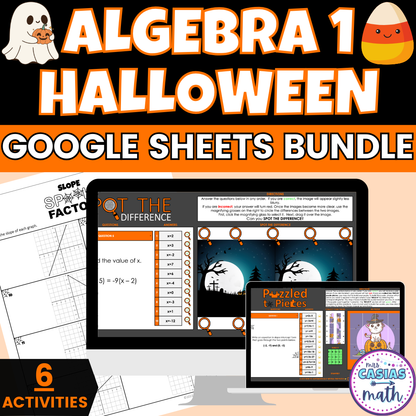 Halloween Math Activity Google Sheets and Worksheets BUNDLE Algebra 1