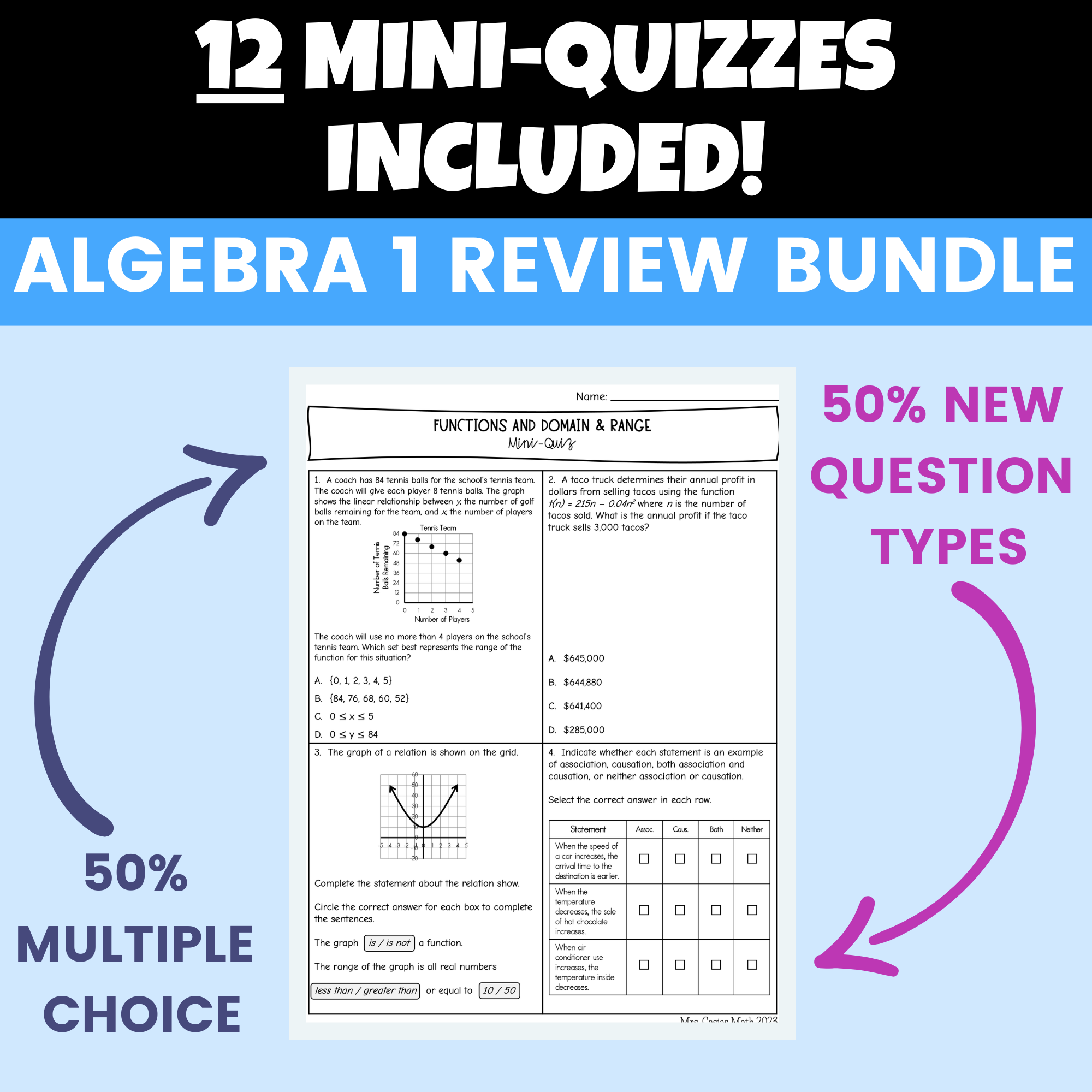 Math Equ Mini Algebra 1 EOC Review BUNDLE - Review Sheets, Mini Quizzes, Worksheets ...