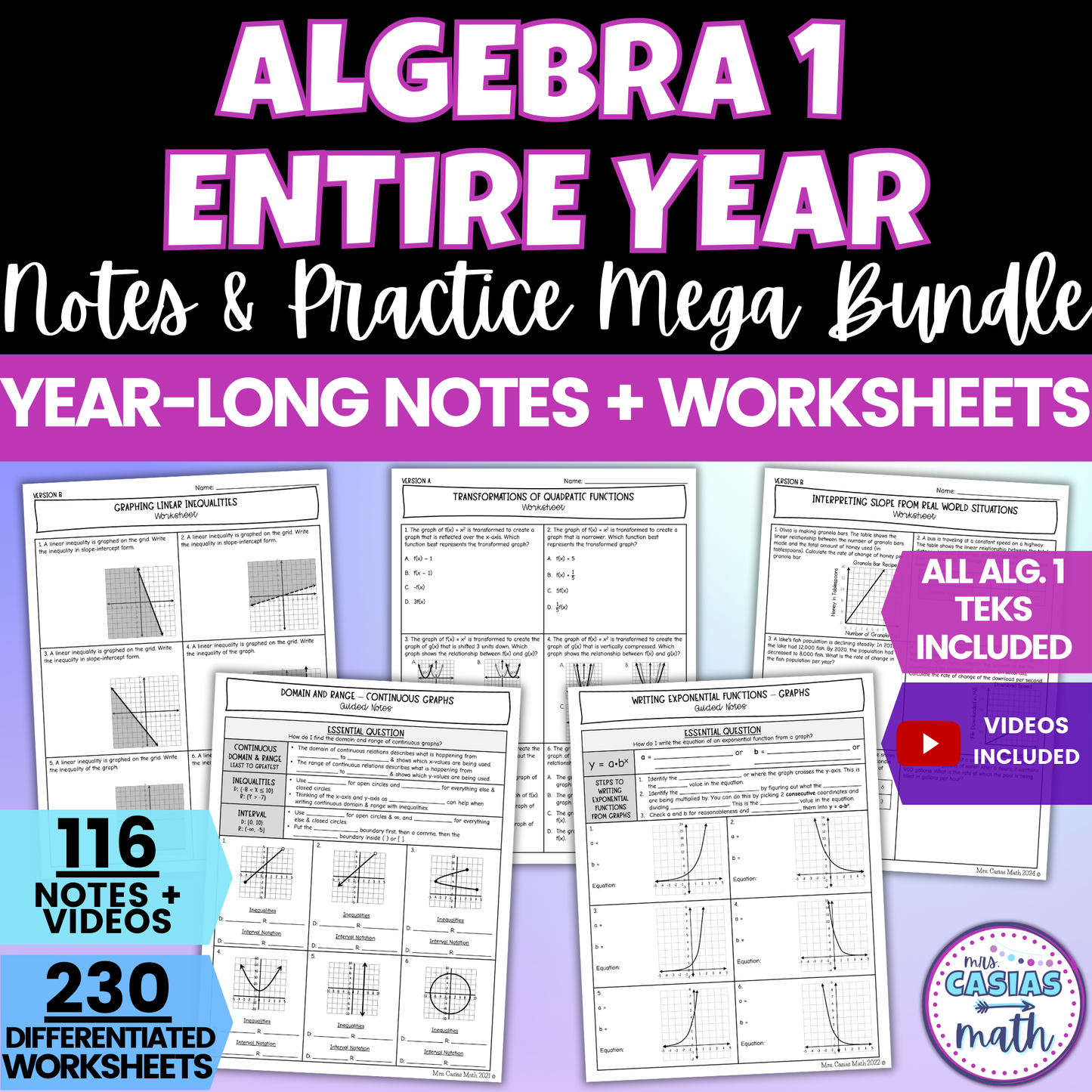 Algebra 1 Guided Notes and Differentiated Worksheets Mega Bundle Entire Year