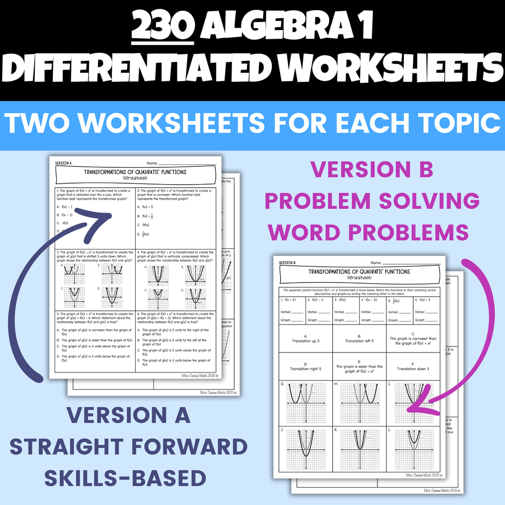 Algebra 1 Differentiated Worksheets Mega Bundle Entire Year – Casias Math