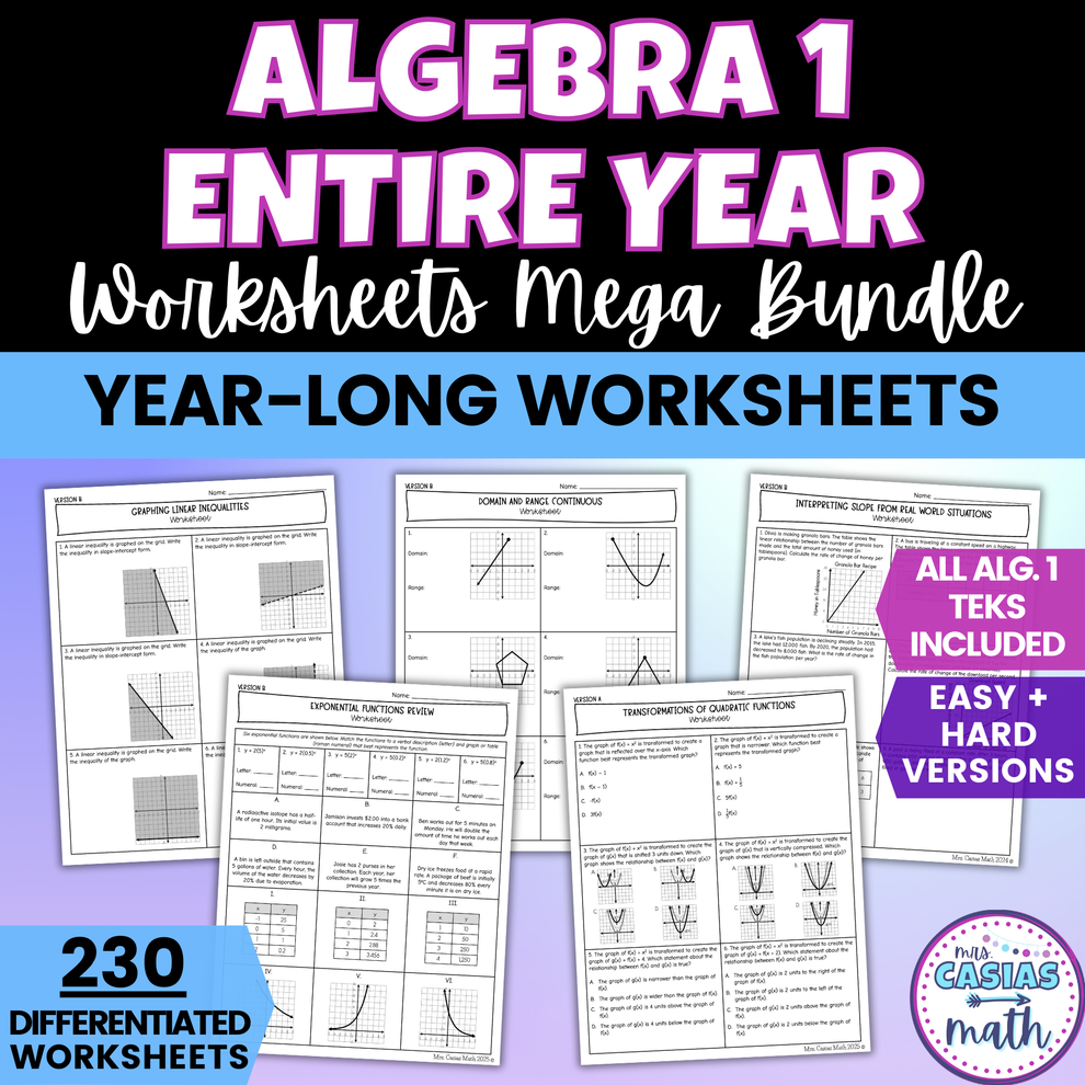 Algebra 1 Differentiated Worksheets Mega Bundle Entire Year – Casias Math