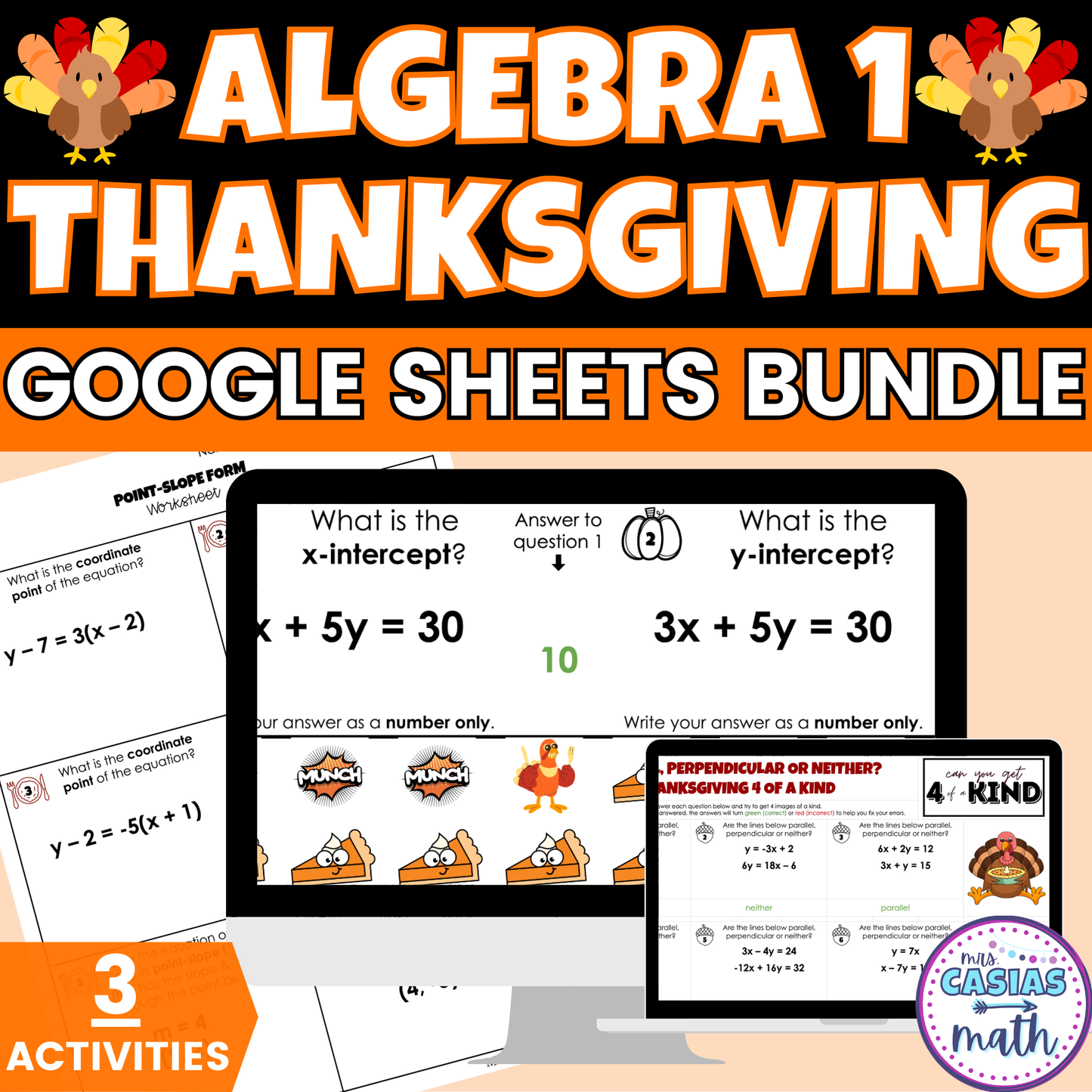 Thanksgiving Math Activities Algebra 1 Google Sheets and Worksheets BUNDLE