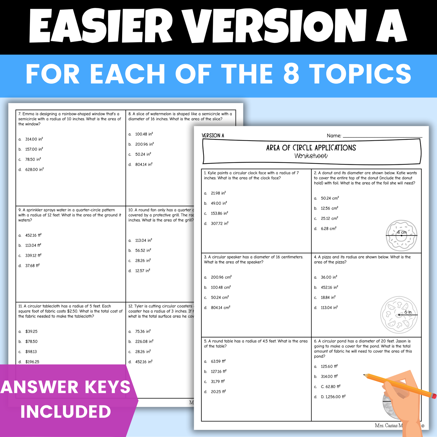 Area and Circumference of Circles Differentiated Worksheets BUNDLE 7th Grade Math