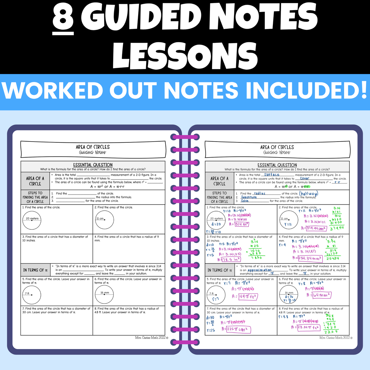 Area and Circumference of Circles Notes and Worksheets BUNDLE 7th Grade Math
