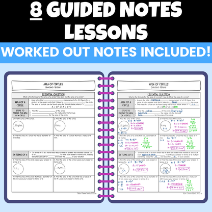 Area and Circumference of Circles Notes and Worksheets BUNDLE 7th Grade Math