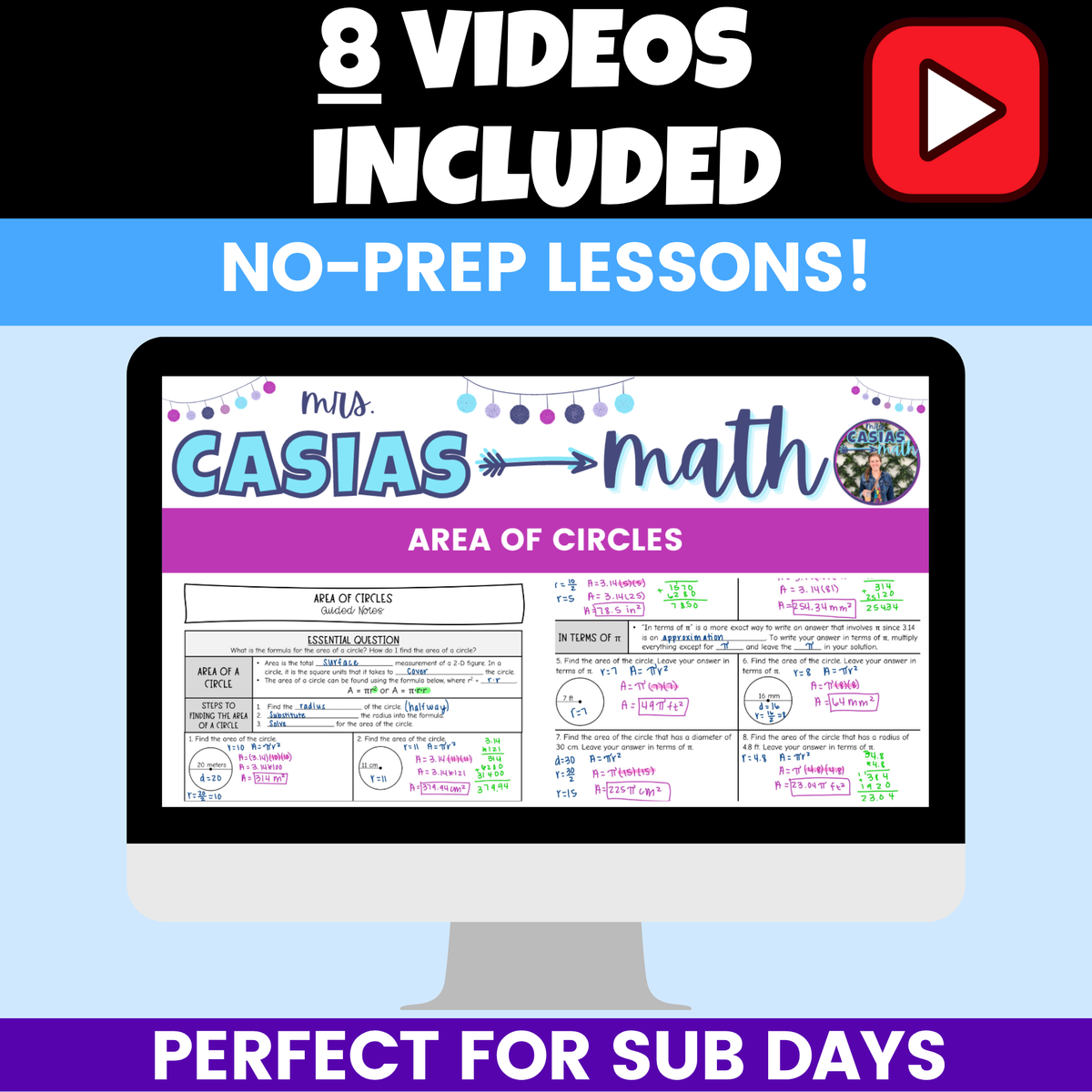 Area and Circumference of Circles Notes and Worksheets BUNDLE 7th Grade Math