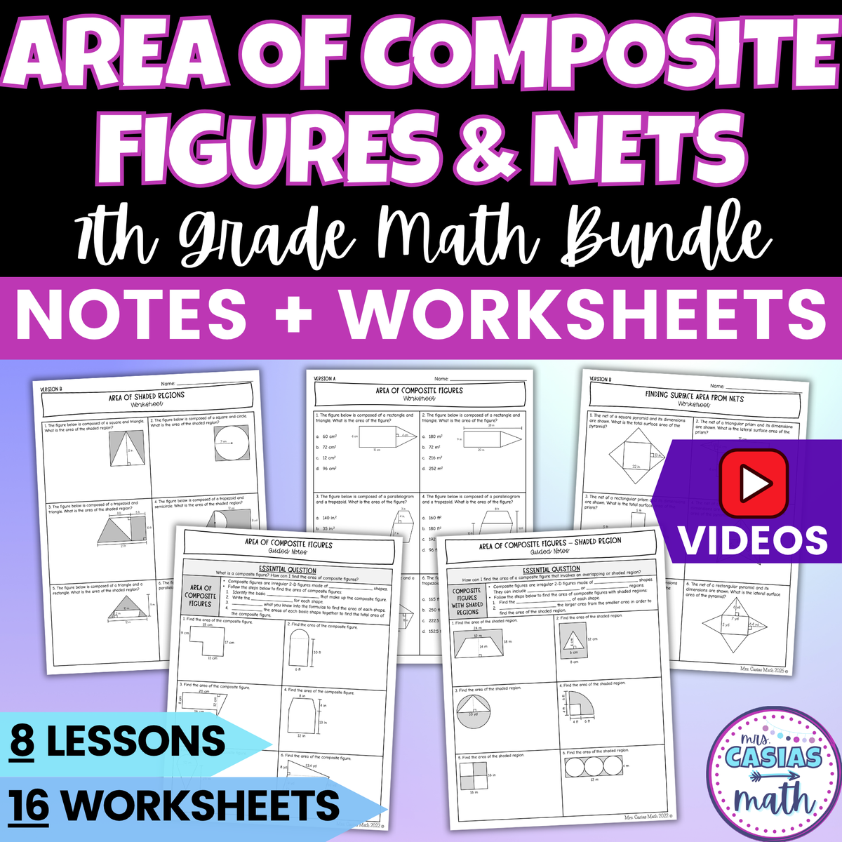 Area of Composite Figures and Nets Guided Notes Lessons BUNDLE 7th Grade Math