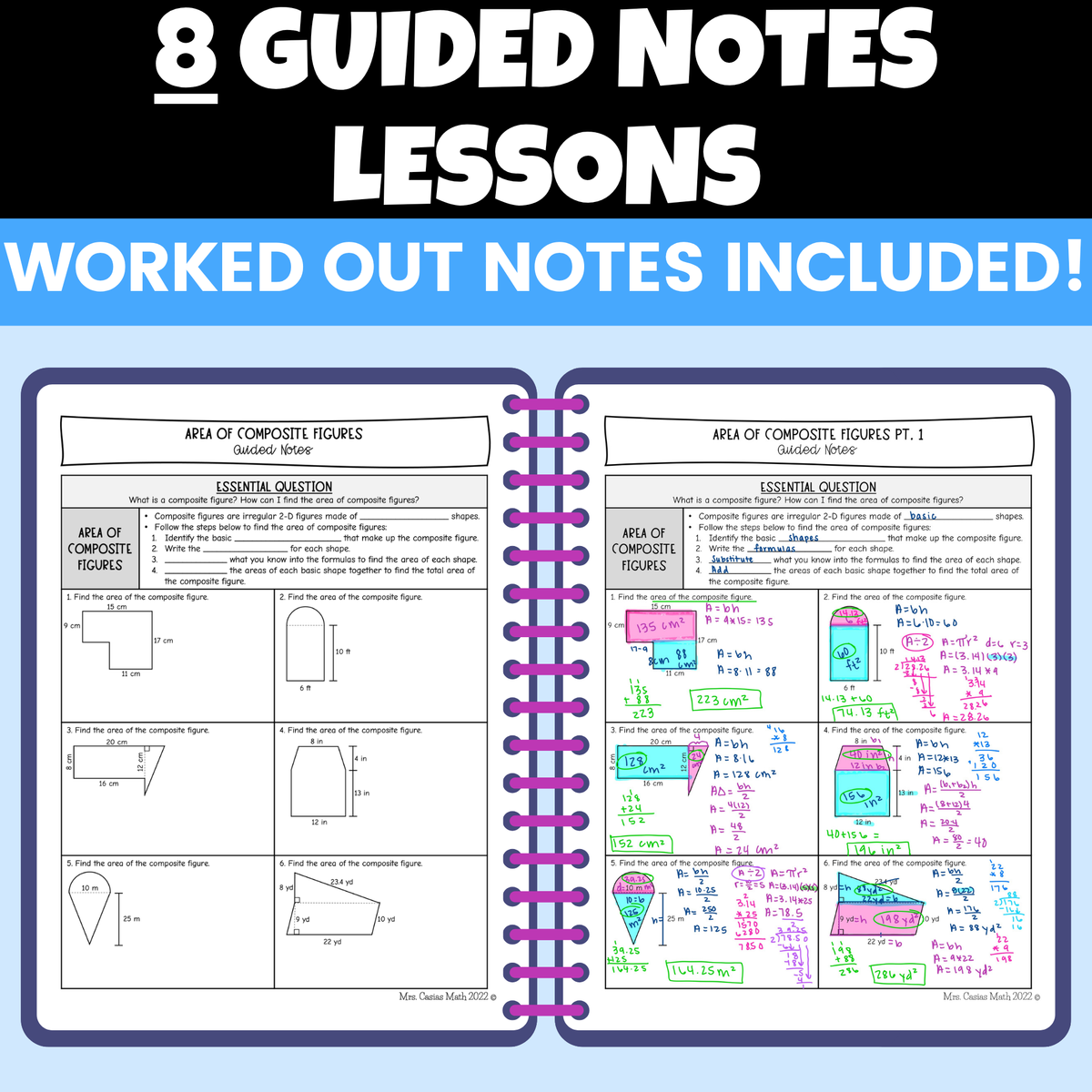Area of Composite Figures and Nets Guided Notes Lessons BUNDLE 7th Grade Math
