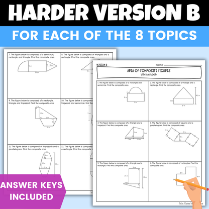 Area of Composite Figures and Surface Area of Prisms and Pyramids from Nets Differentiated Worksheets BUNDLE 7th Grade Math