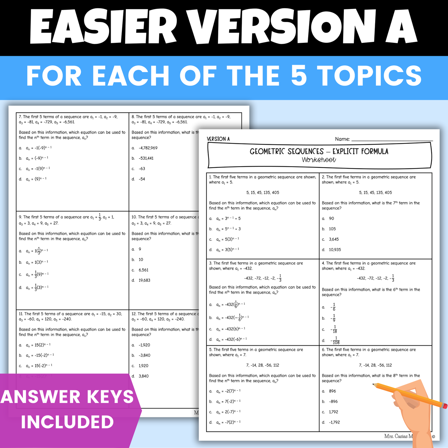 Arithmetic and Geometric Sequences Algebra 1 Differentiated Worksheets BUNDLE