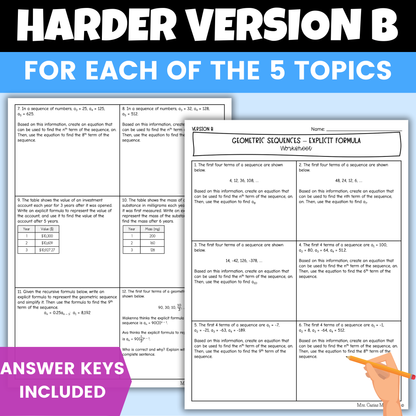 Arithmetic and Geometric Sequences Algebra 1 Differentiated Worksheets BUNDLE