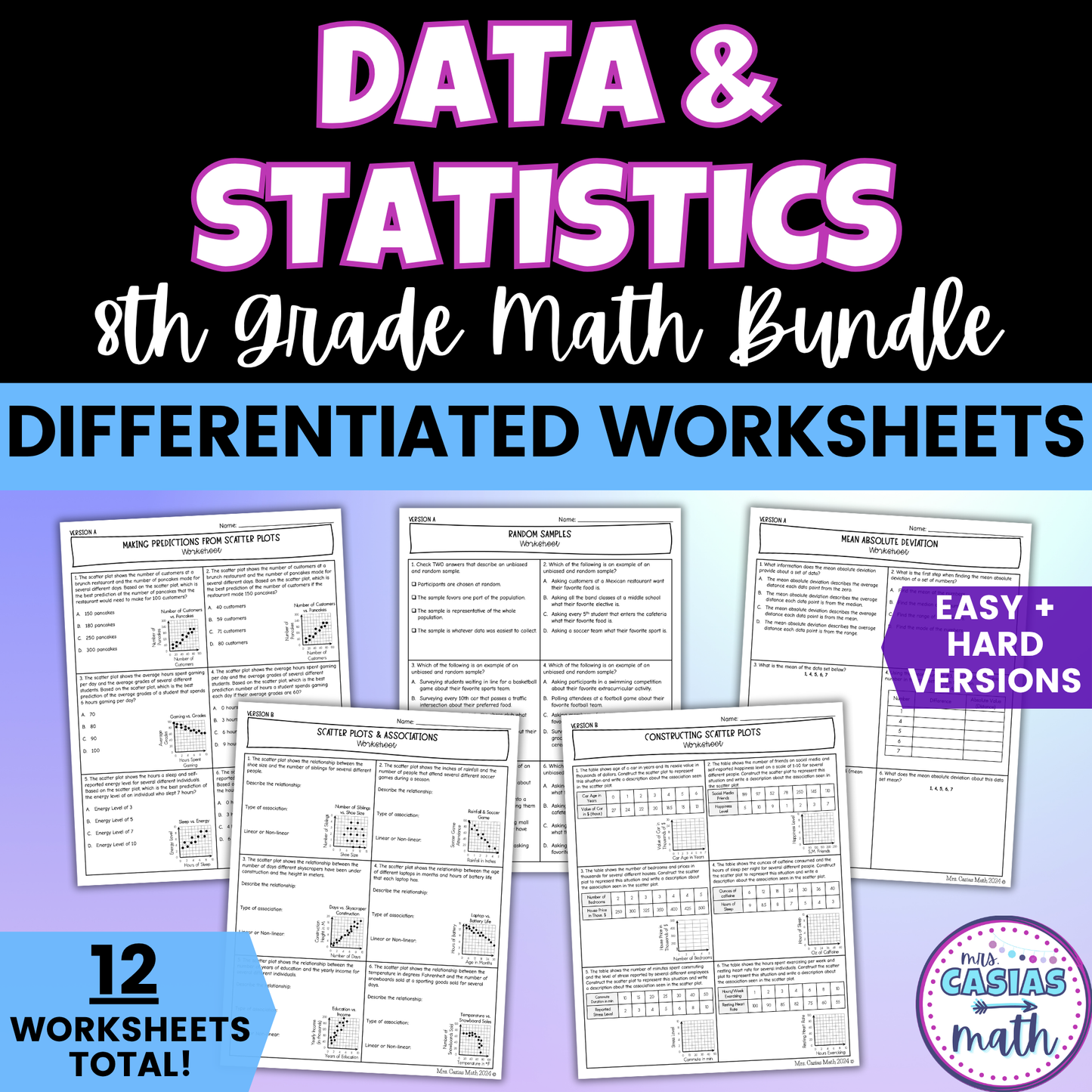 Data and Statistics Differentiated Worksheets 8th Grade Math