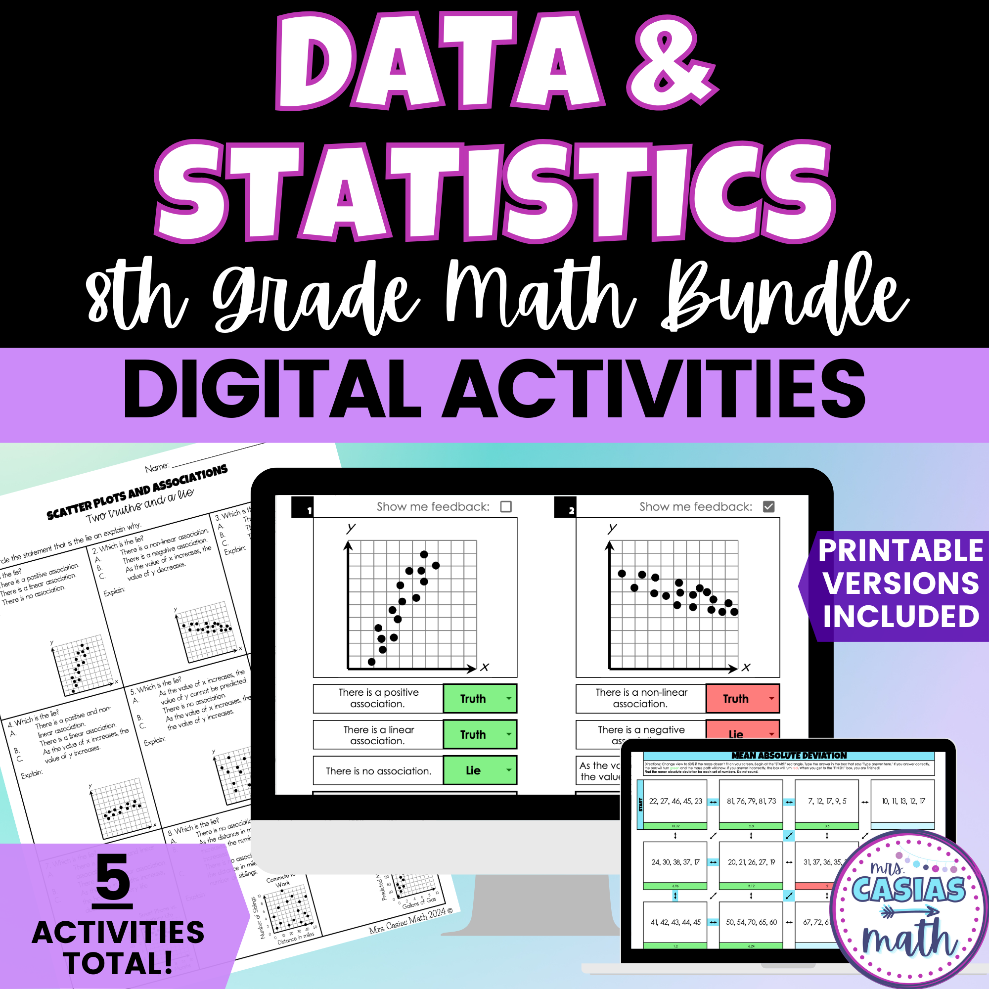 Data and Statistics Digital Activities and Worksheets 8th Grade Math ...