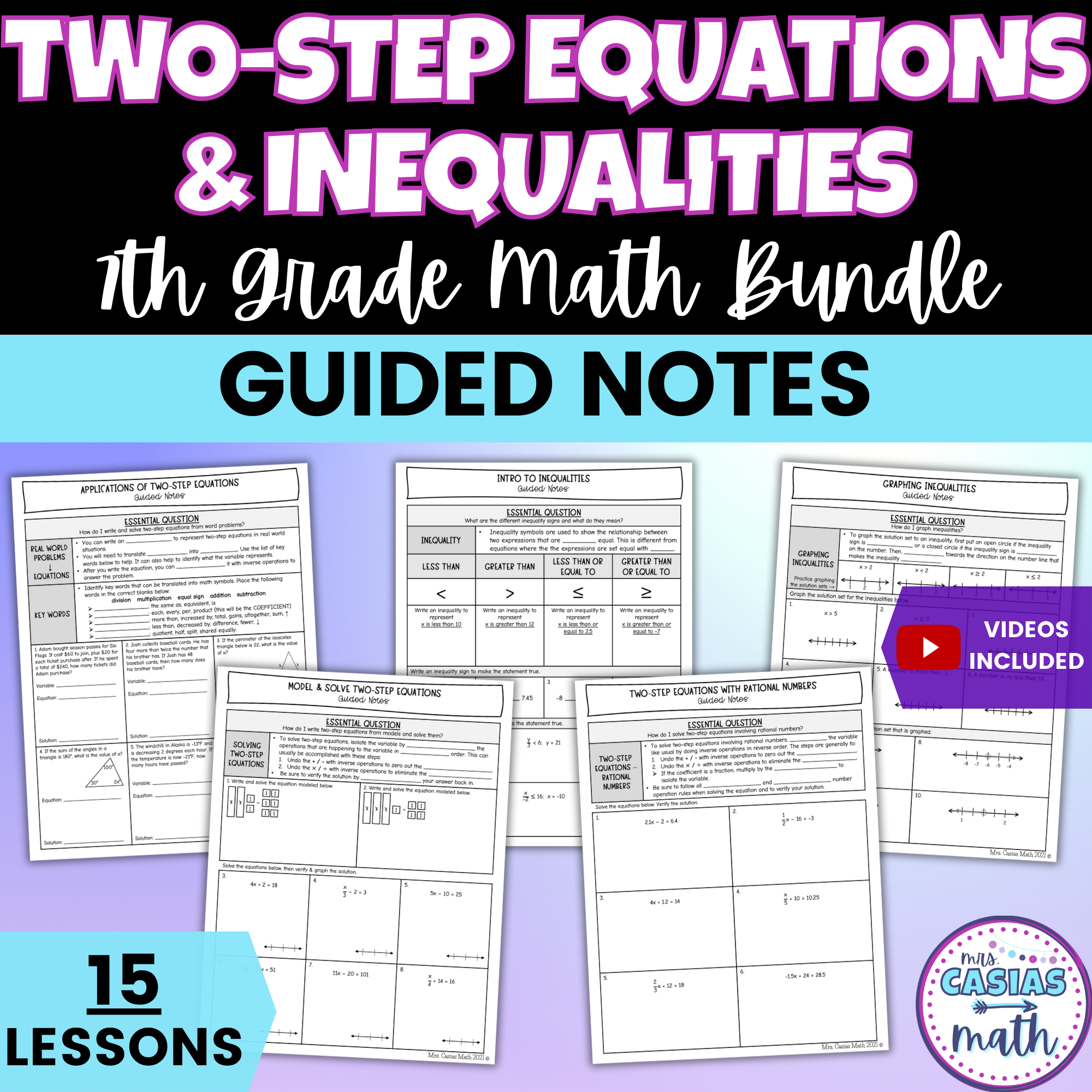 Two Step Equations and Inequalities Guided Notes Lessons 7th Grade Mat ...