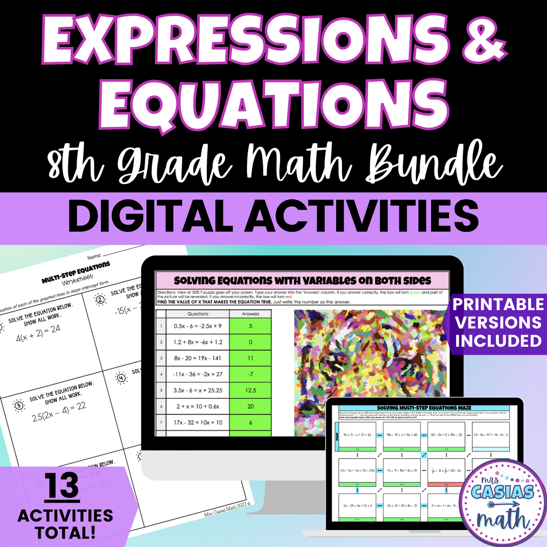 Expressions and Equations Digital Activities and Worksheets 8th Grade ...
