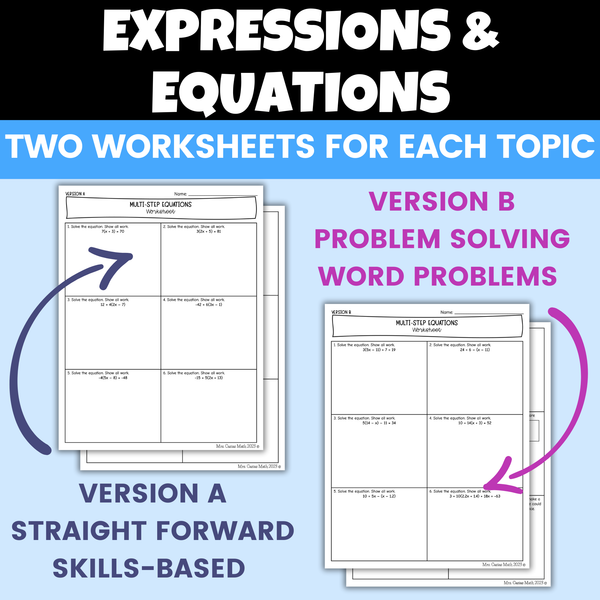 Expressions and Equations Differentiated Worksheets 8th Grade Math ...
