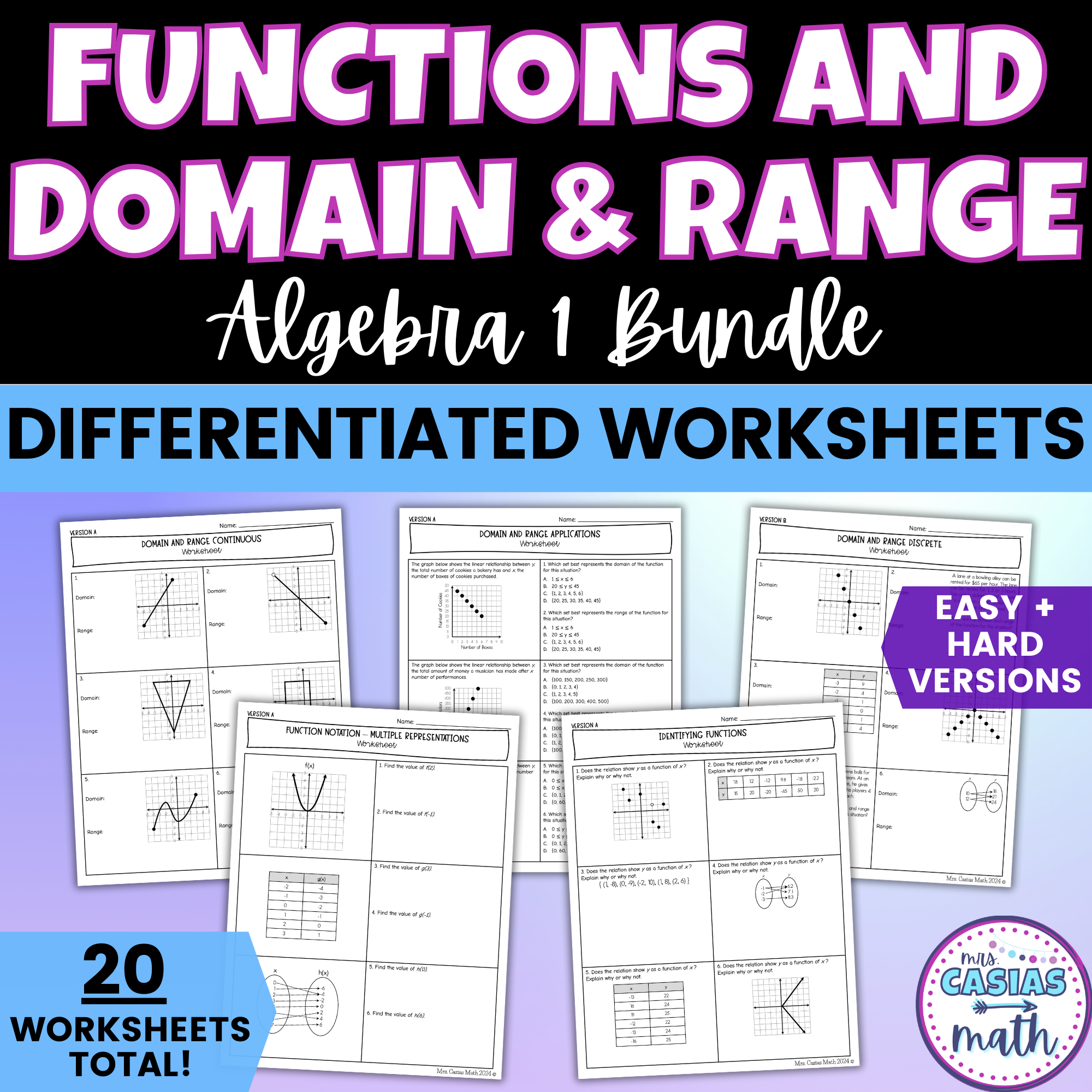 Functions and Domain and Range Differentiated Worksheets BUNDLE Algebr ...