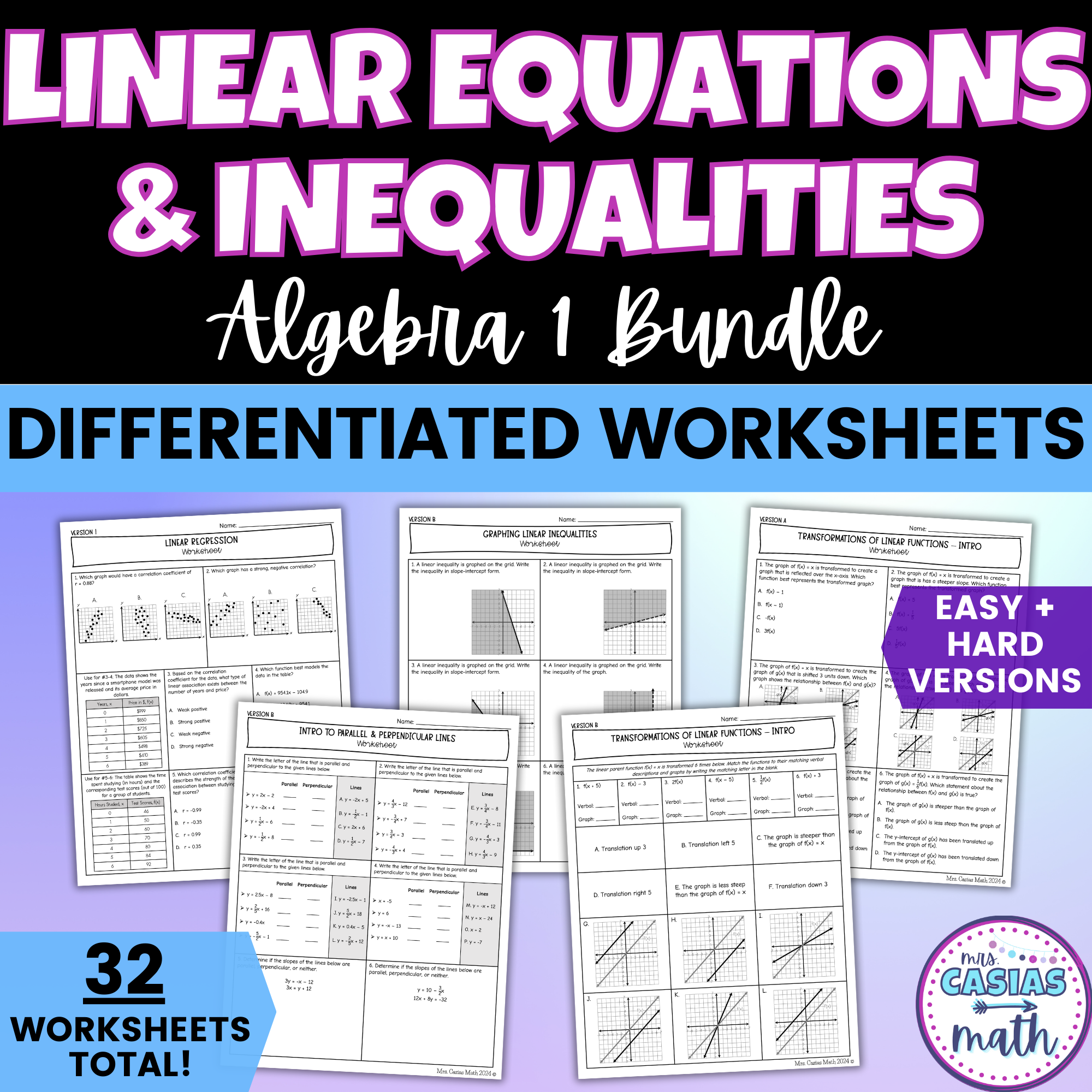 Linear Math Worksheets Linear Equations and Inequalities Algebra 1 Differentiated Worksheets ...