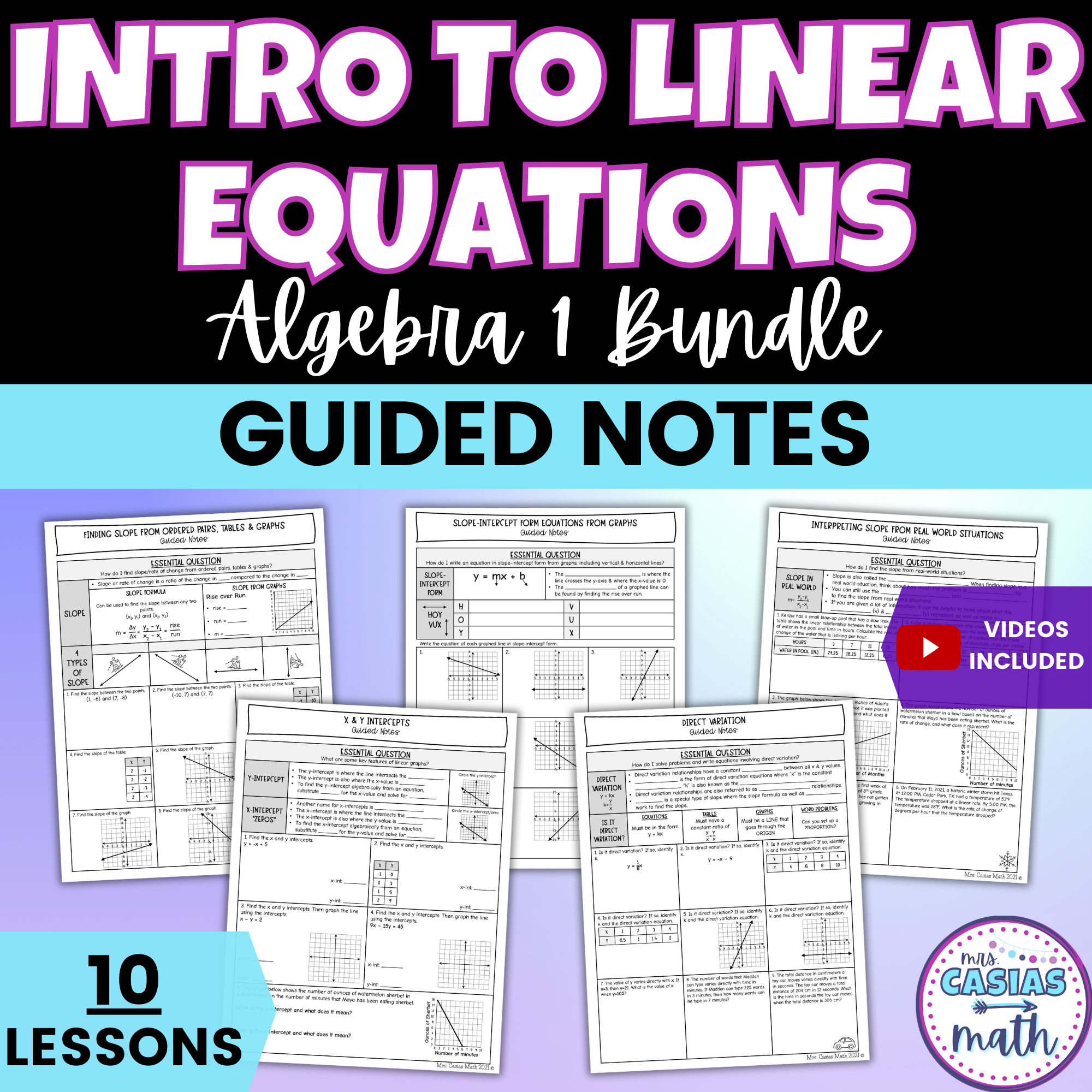 Intro to Linear Equations Guided Notes Lessons Algebra 1 – Casias Math