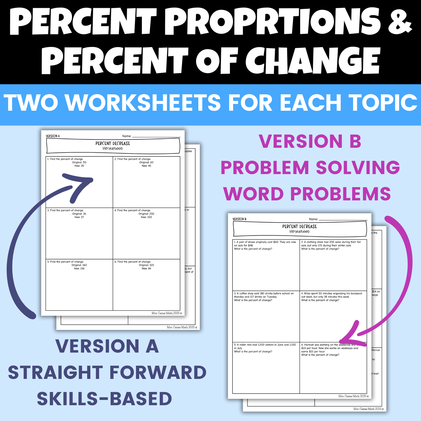 Percent Proportion and Percent of Change Differentiated Worksheets BUNDLE 7th Grade Math