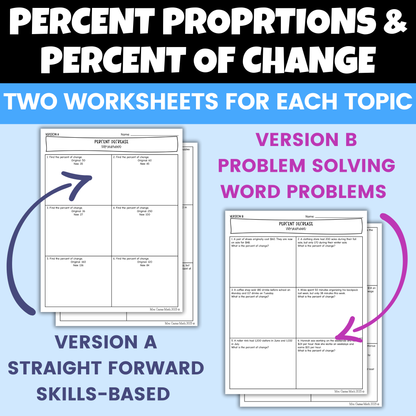 Percent Proportion and Percent of Change Differentiated Worksheets BUNDLE 7th Grade Math