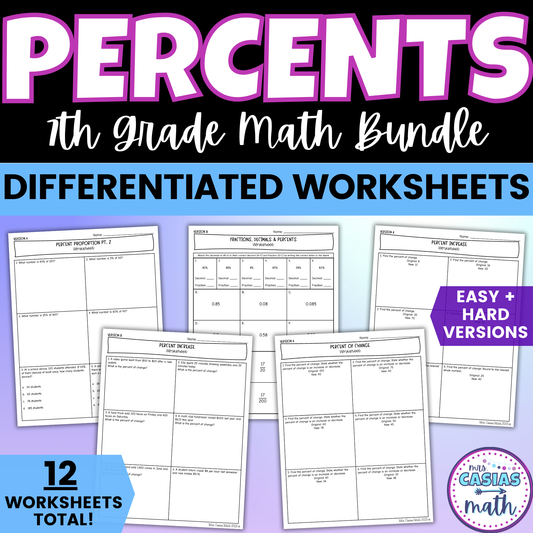 Percent Proportion and Percent of Change Differentiated Worksheets BUNDLE 7th Grade Math