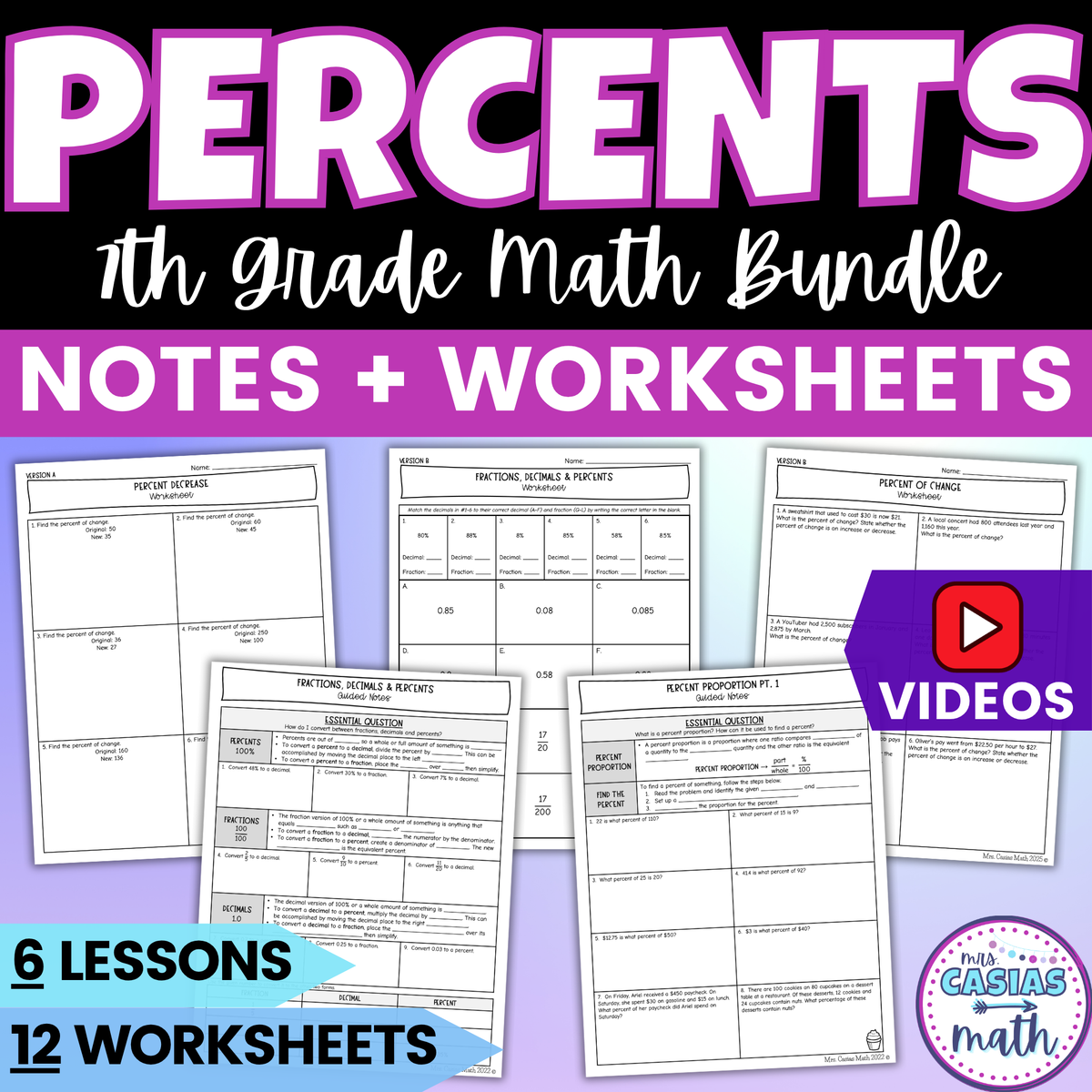 Percent Proportion & Percent of Change Notes & Worksheets BUNDLE 7th Grade Math
