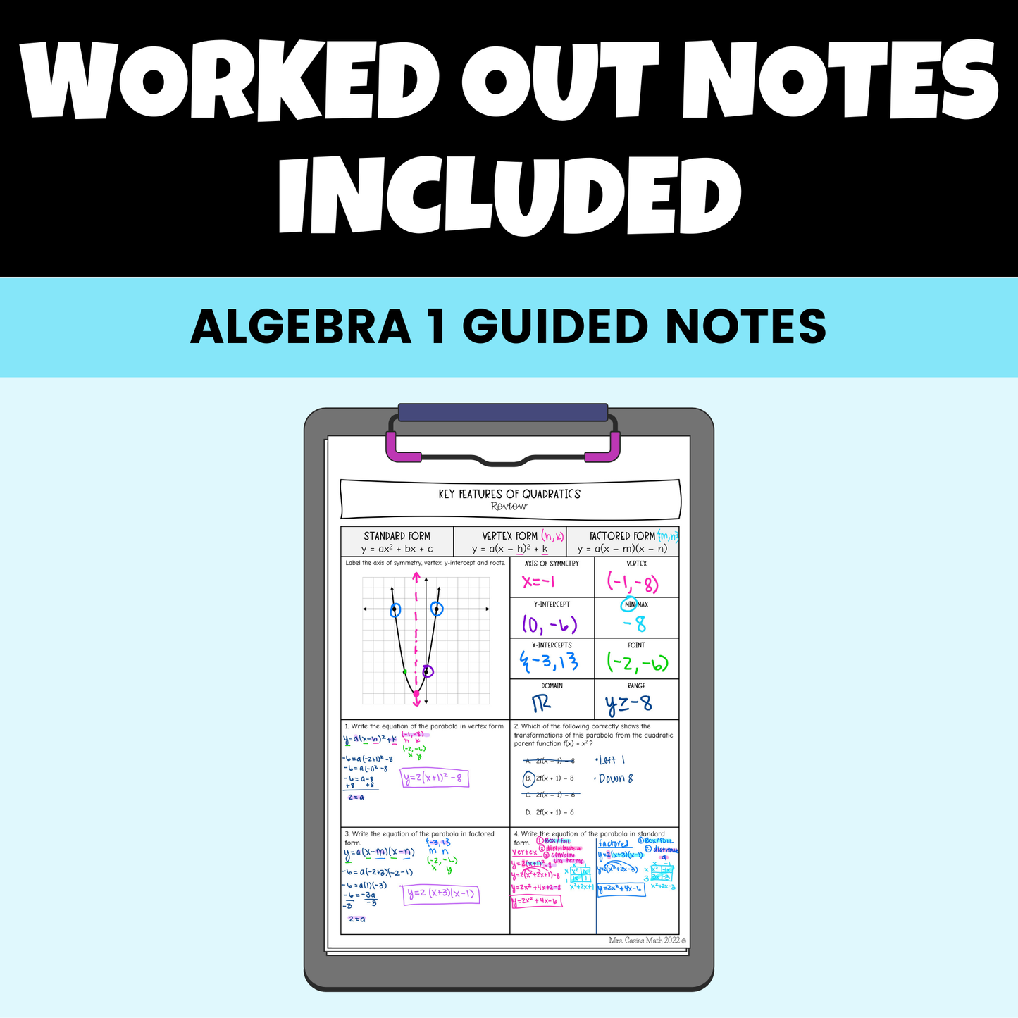 Quadratic Functions Guided Notes Lessons Algebra 1