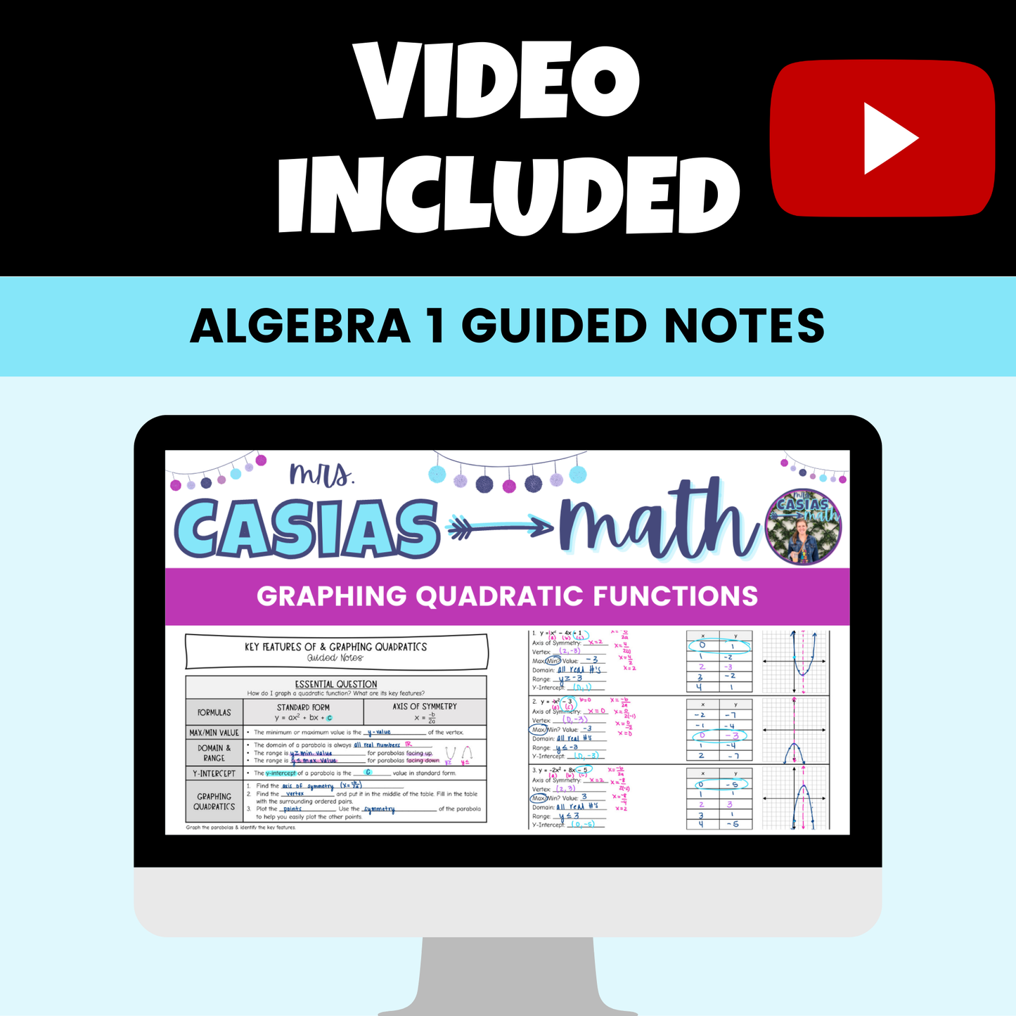 Quadratic Functions Guided Notes Lessons Algebra 1