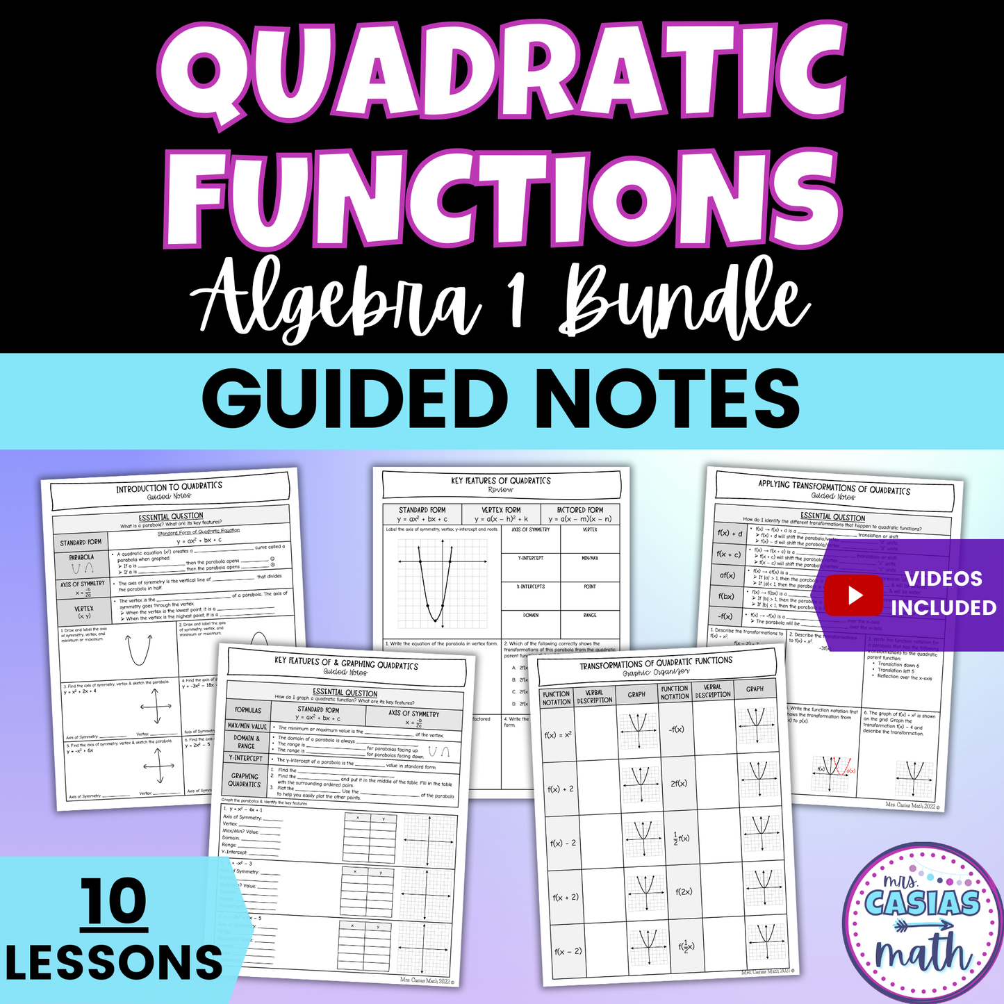Quadratic Functions Guided Notes Lessons Algebra 1