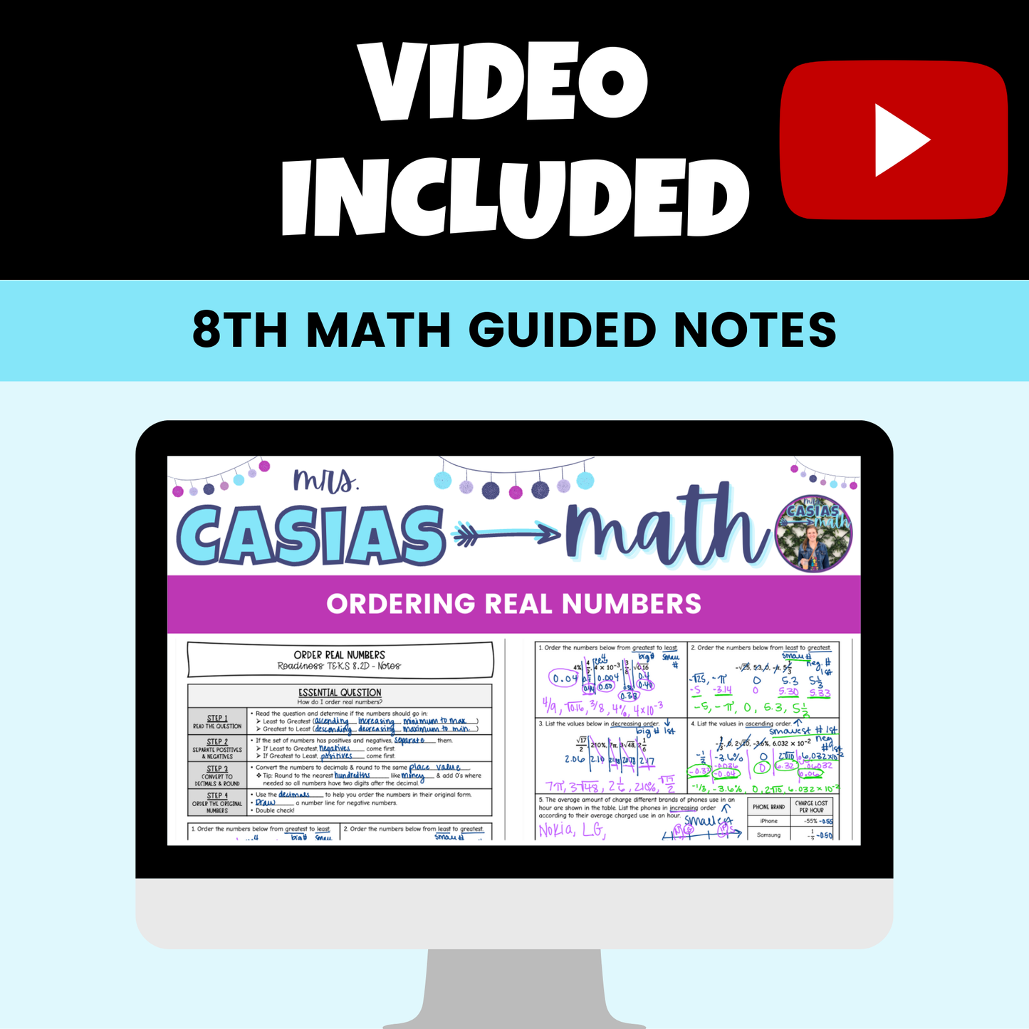 Real Numbers Guided Notes Lessons 8th Grade Math
