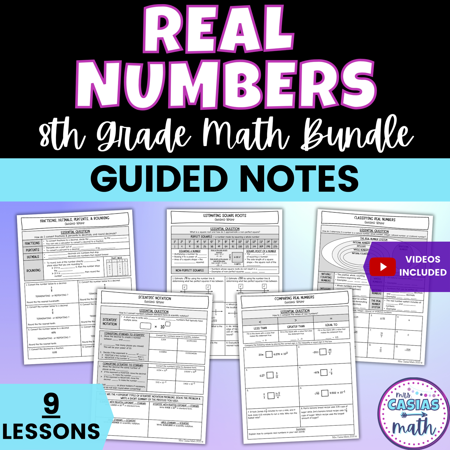 Real Numbers Guided Notes Lessons 8th Grade Math