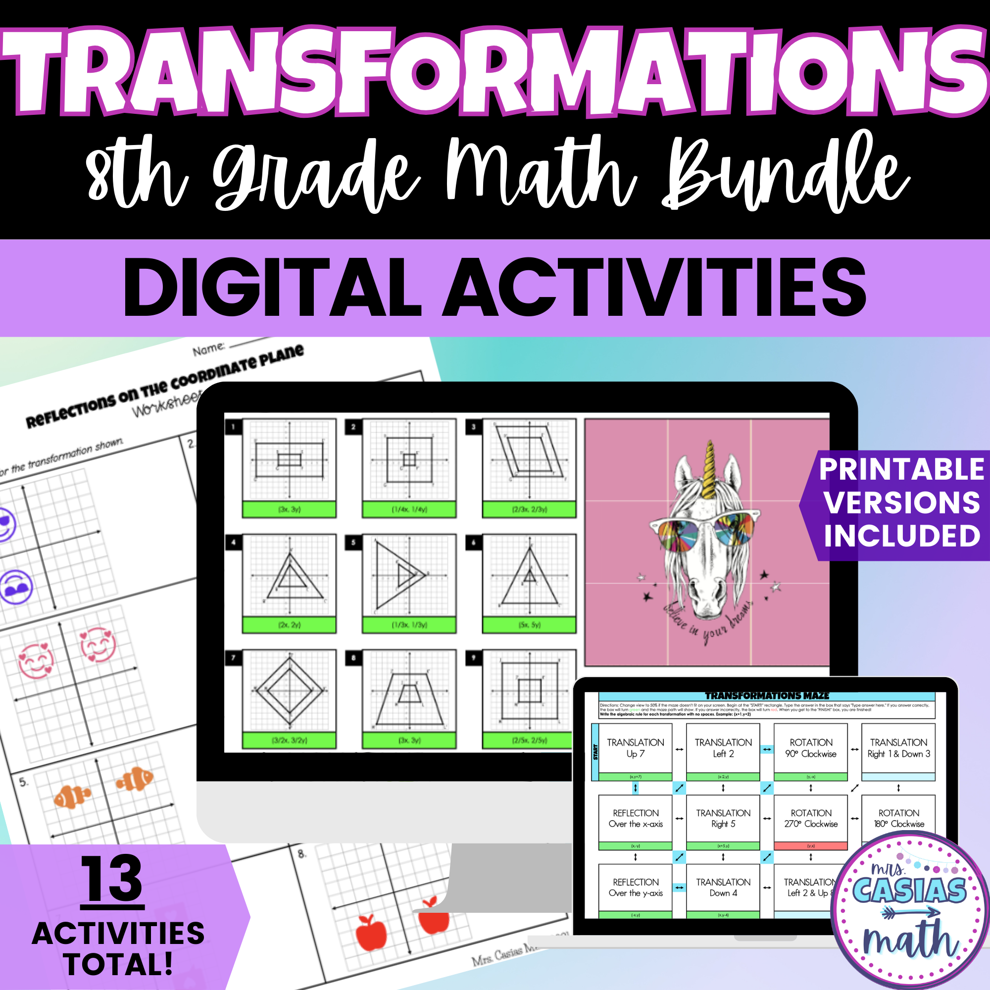 Transformer Math 8th Transformations Digital Activities and Worksheets 8th Grade Math ...
