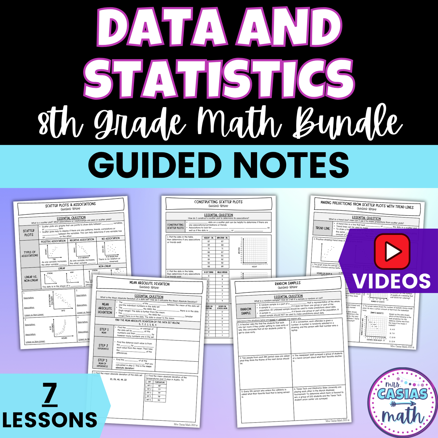 Data and Statistics Guided Notes Lessons 8th Grade Math