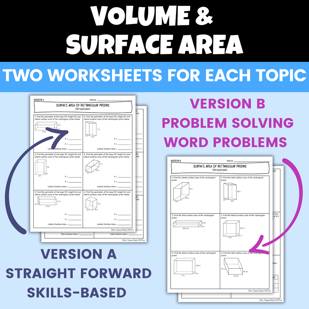 Volume and Surface Area Differentiated Worksheets 8th Grade Math ...