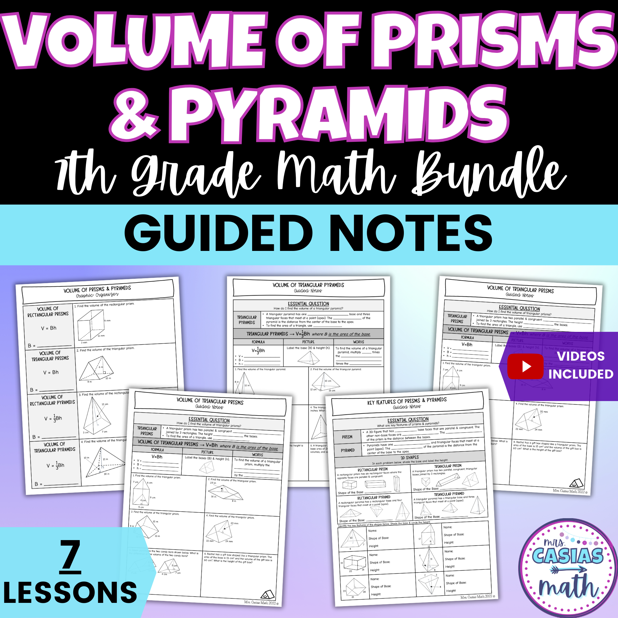 Pyramid High Tim Math Volume of Prisms and Pyramids Guided Notes Lessons 7th Grade Math ...
