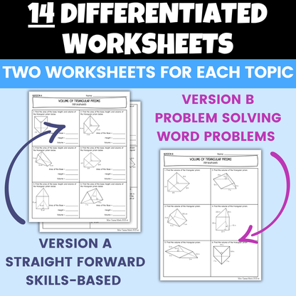 Volume of Prisms and Pyramids Differentiated Worksheets BUNDLE 7th Grade Math